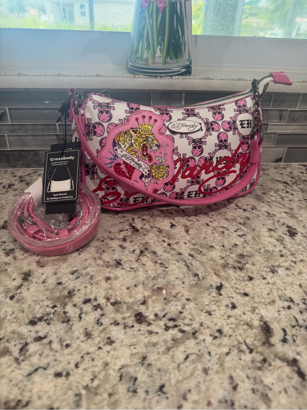 Ed Hardy Pink and White Skull Heart Crossbody Bag